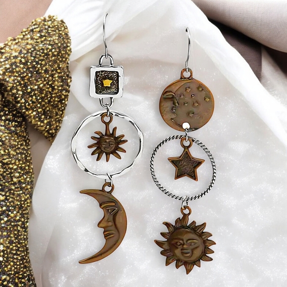 🆕️Boho Chic Sun Moon Star Asymmetrical Dangle Earrings | Celestial Vibes - Picture 1 of 12